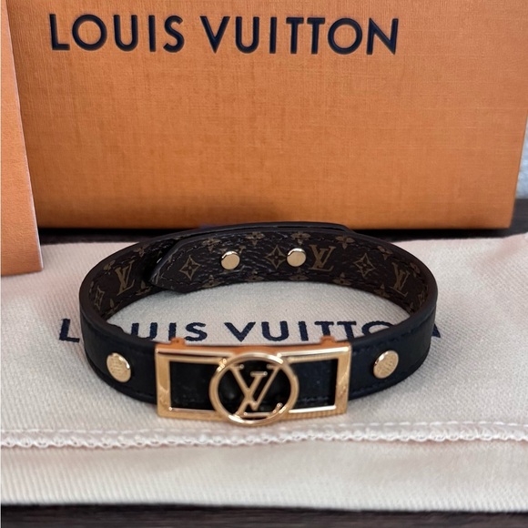 LOUIS VUITTON Dauphine Black Calf Leather & Monogram Adjustable Bracelet - Picture 2 of 5